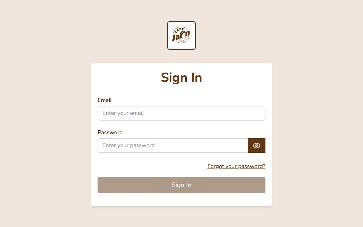 The Cafe Jaf'n dashboard sign-in screen, in the cafe's brown and cream brand palette.