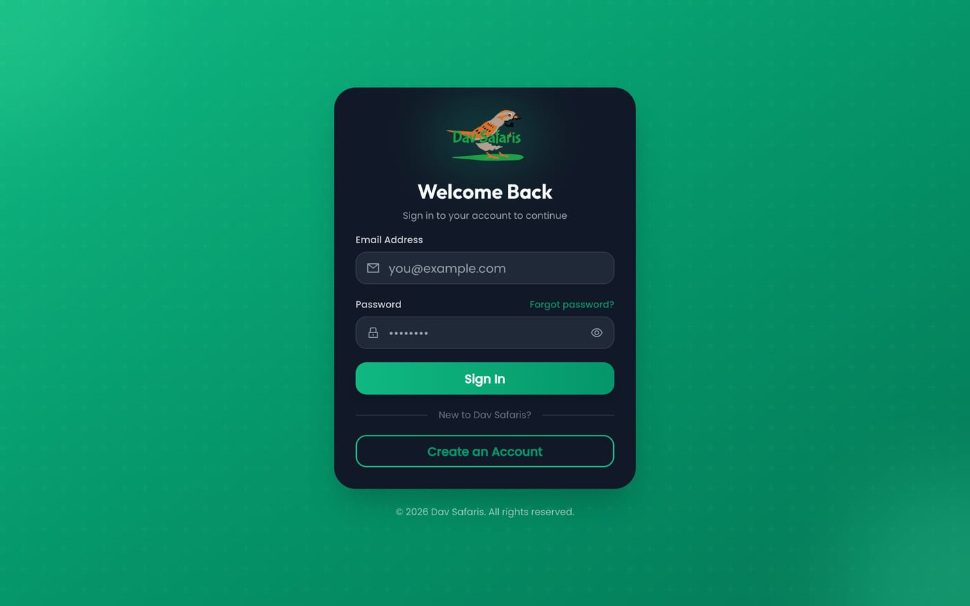 The Dav Safaris admin portal sign-in, a dark card on a green patterned background.