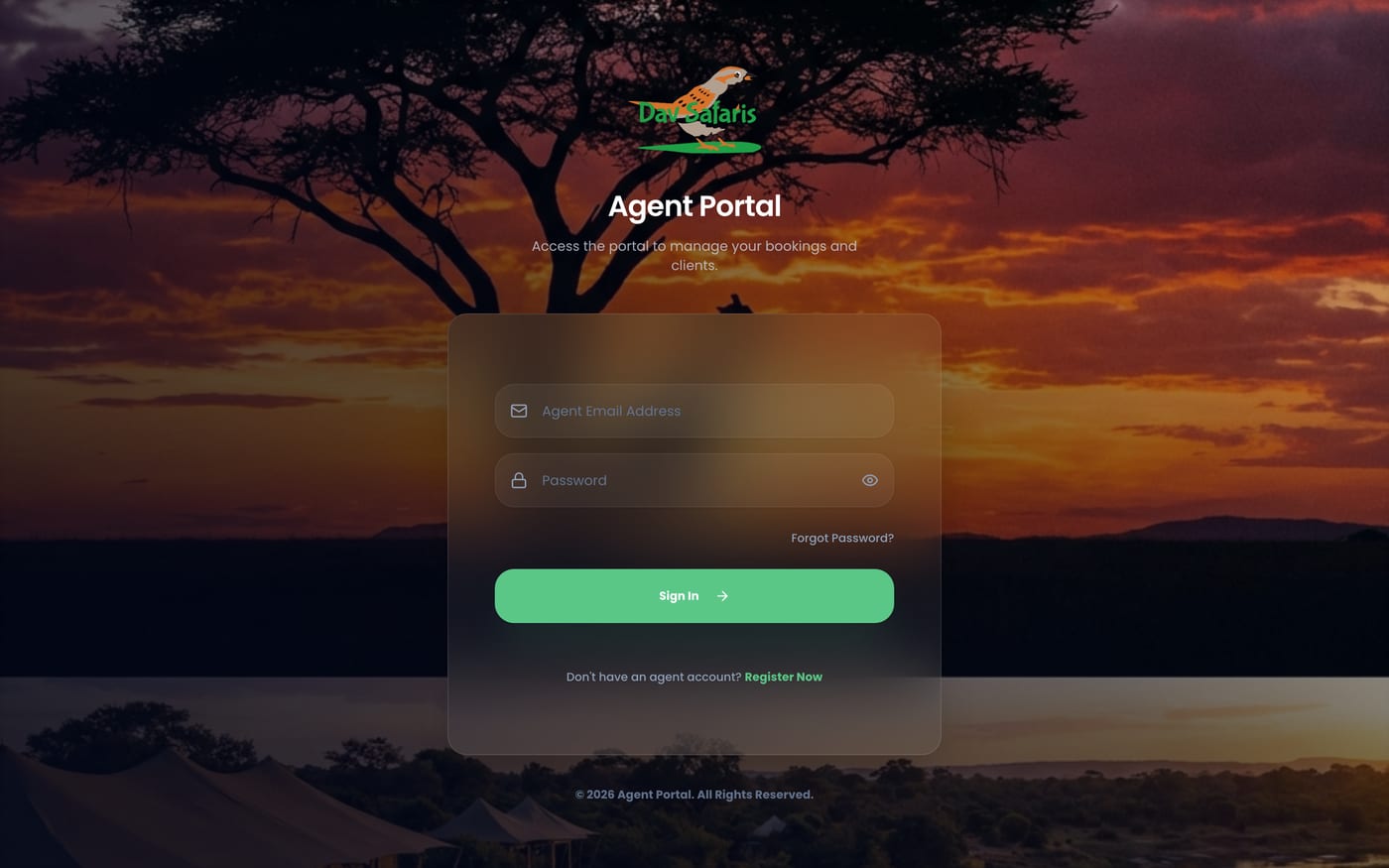 The Dav Safaris agent portal sign-in, set over a savannah sunset with a frosted glass form.