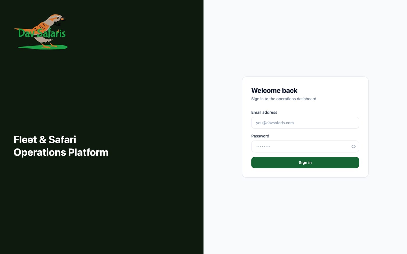 The Dav Safaris fleet operations sign-in screen, split between branding and the login form.