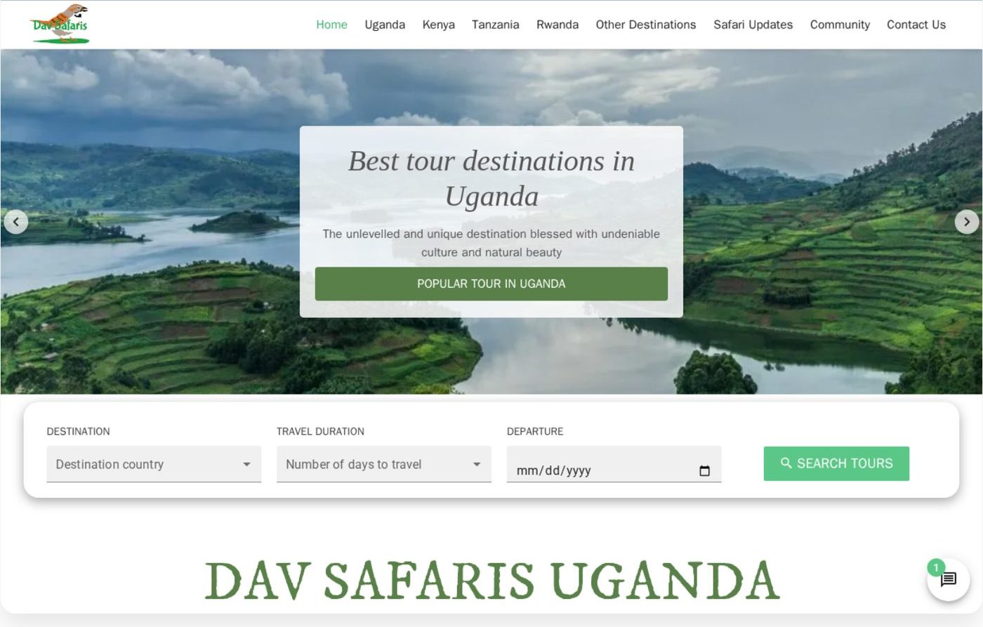 The Davsafaris homepage, showing the tour search bar over a Ugandan landscape hero.