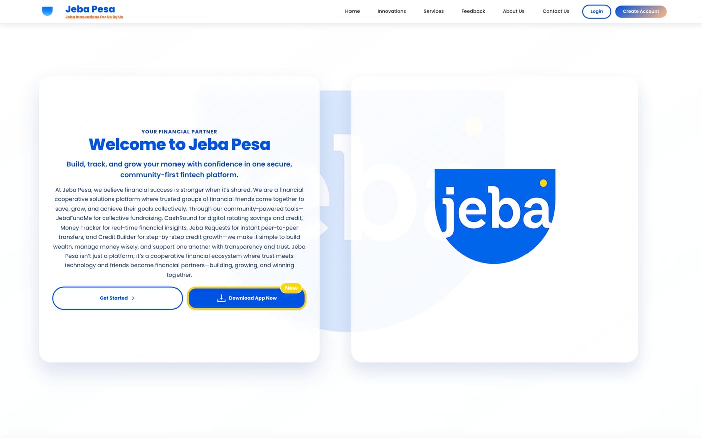 The Jeba Pesa homepage, introducing the cooperative fintech platform.