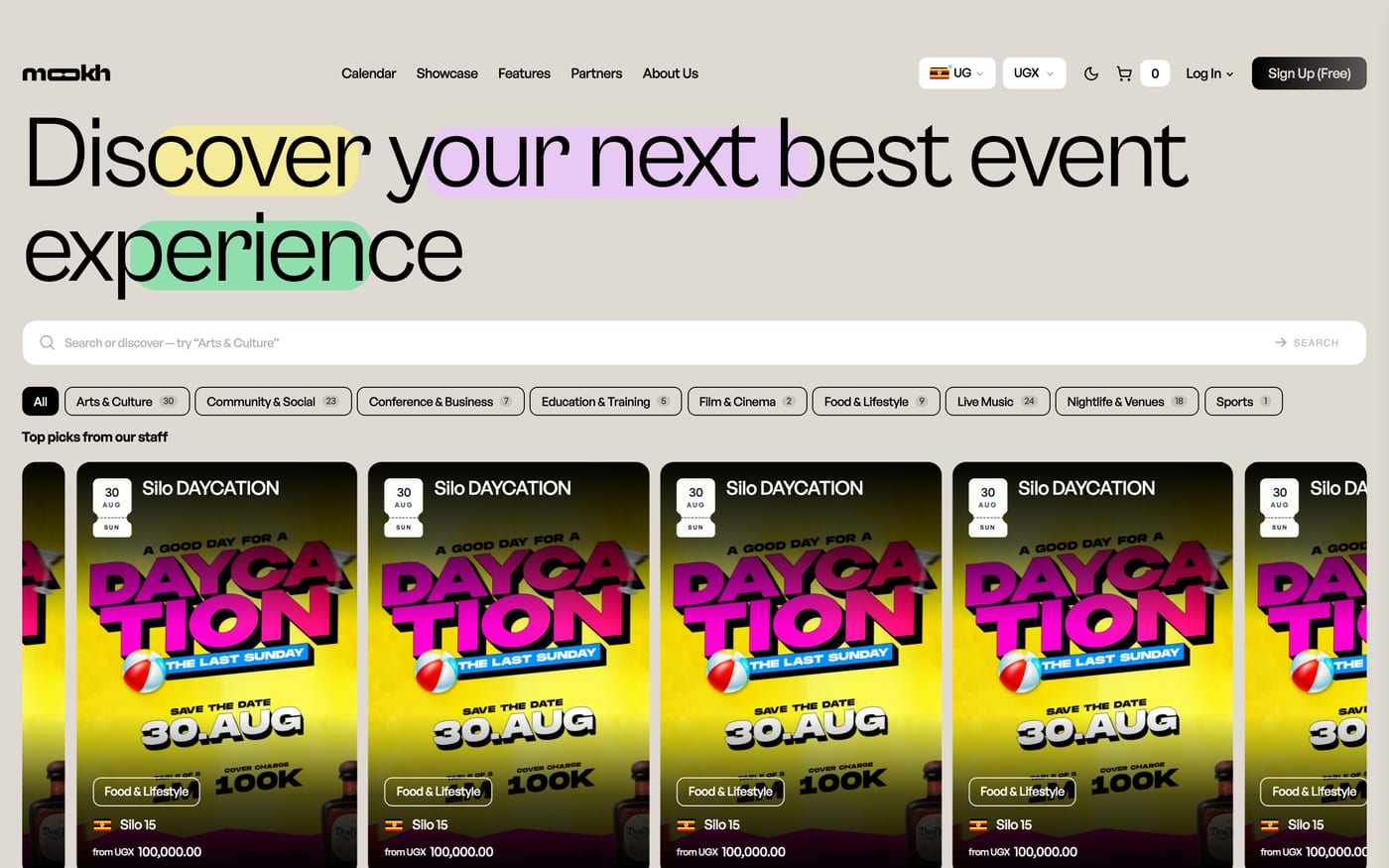 The Mookh homepage, showing event discovery search and category filters.
