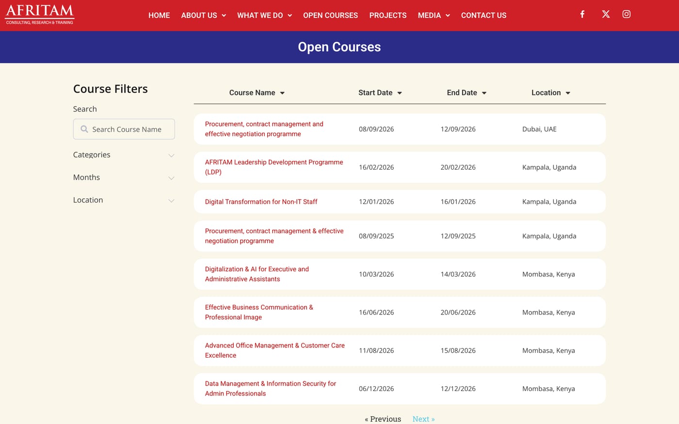 The AFRITAM open courses page, showing the filter sidebar and the course table.