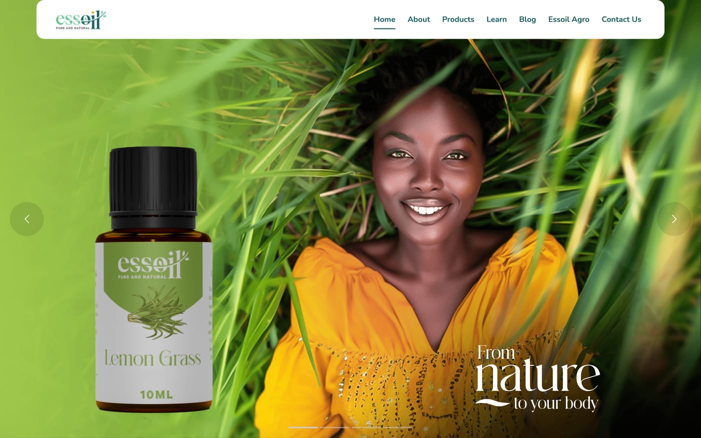 The Ess Oil homepage, introducing the Rwandan essential oils range.
