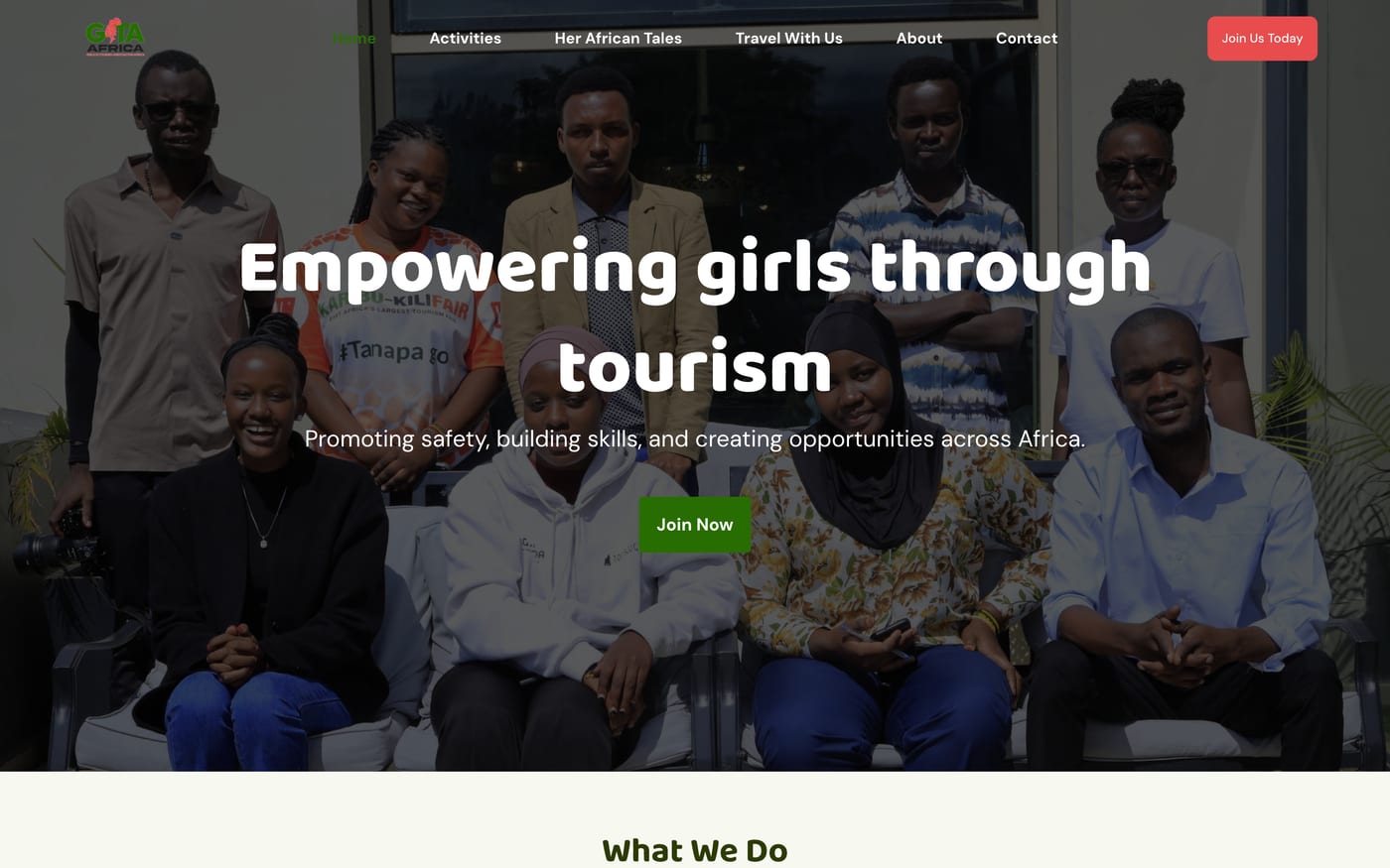 The GITA Africa homepage, introducing its work empowering girls through tourism.