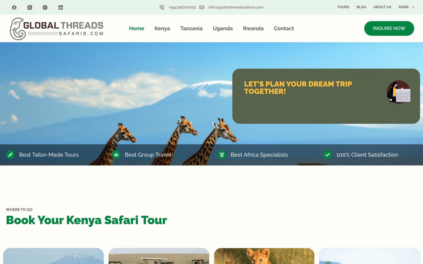 The Global Threads Safaris homepage, showing Kenya safari tour packages.