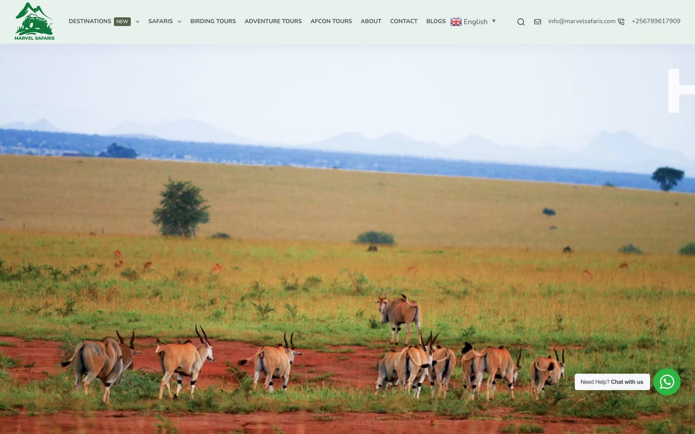 The Marvel Safaris homepage, showing East African safari packages.