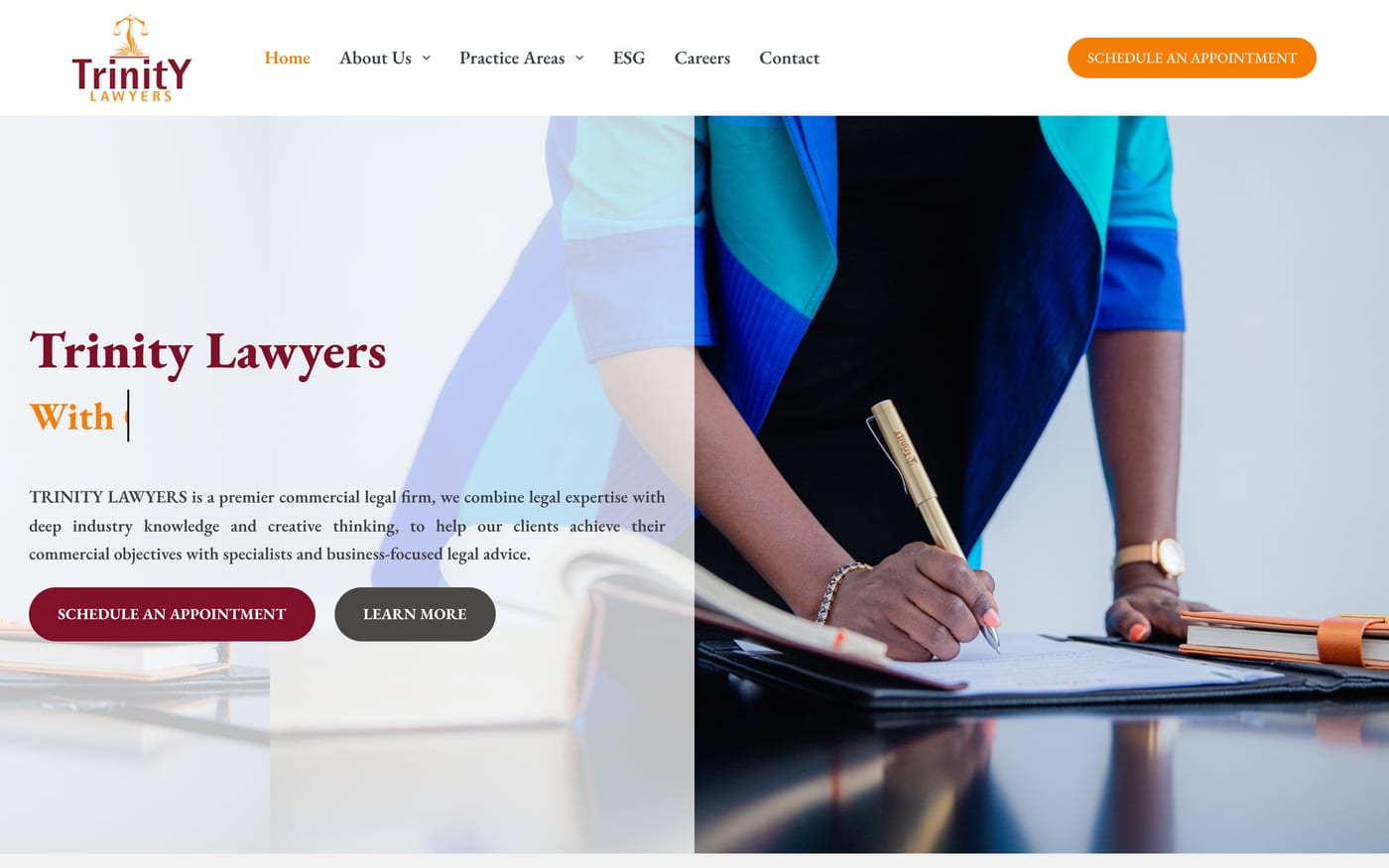 The Trinity Lawyers homepage, with the firm introduction and an appointment call to action.